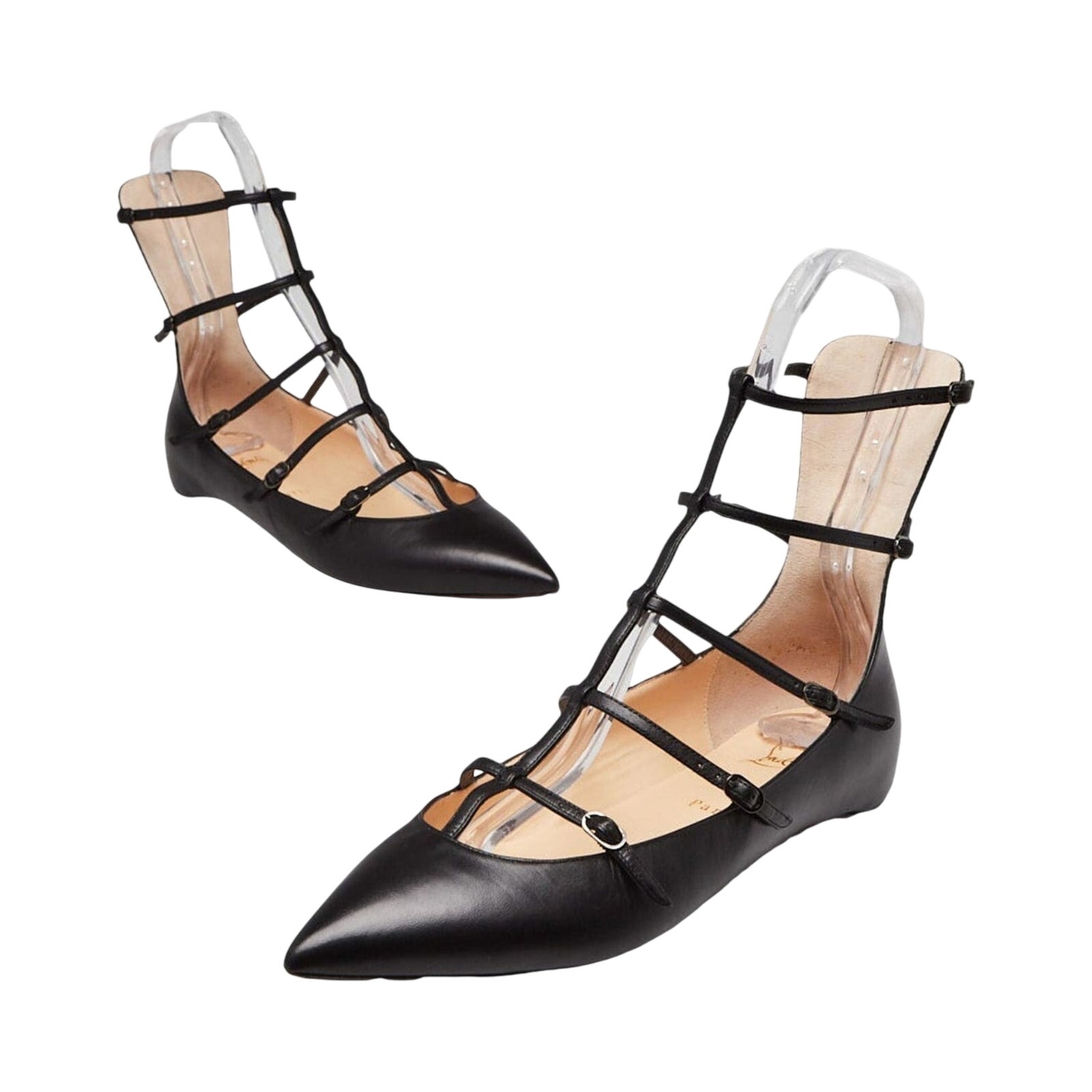 Christian Louboutin Black Leather Strappy Pointed-Toe Flats 39.5 Eu